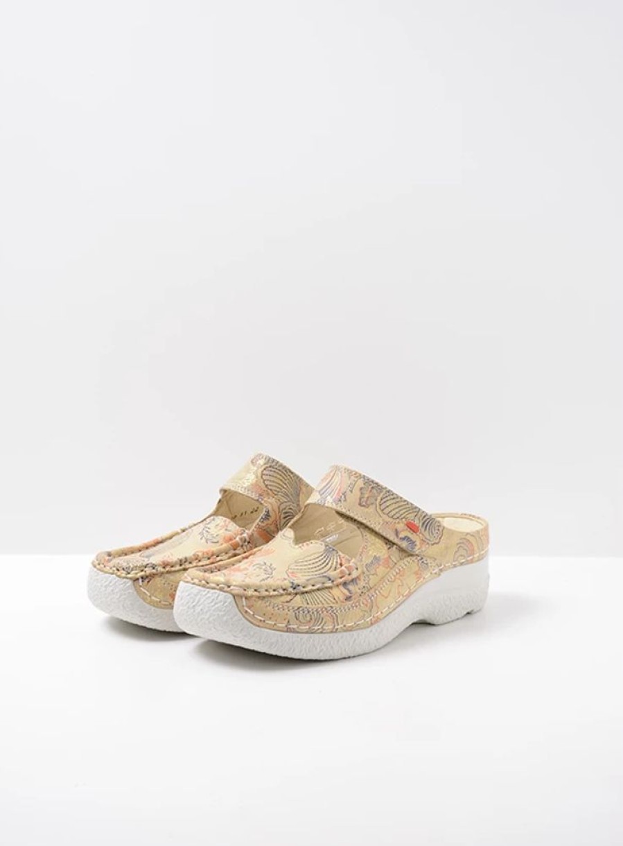 Dames Wolky | Roll Slipper Beige Geprint Suede