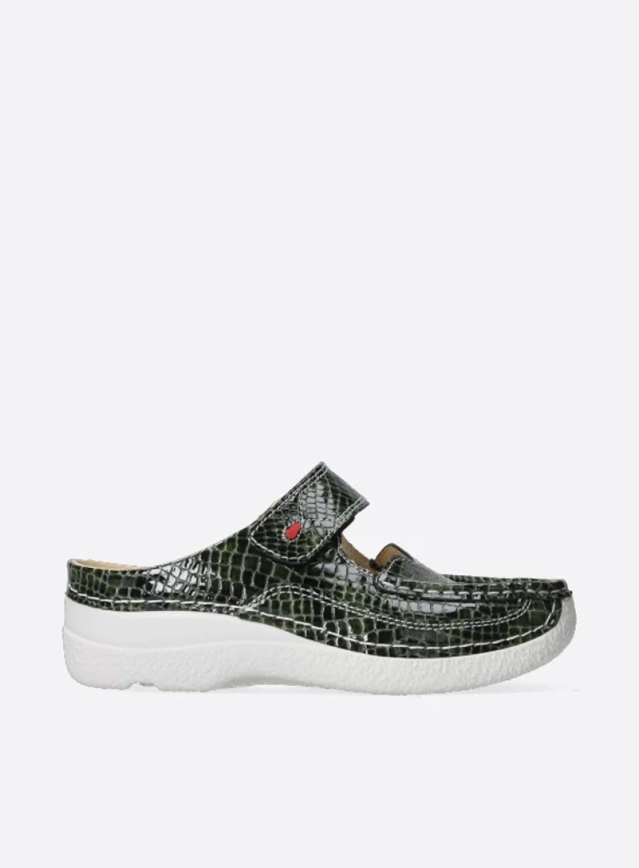 Dames Wolky | Roll Slipper Groen Crocolook Lakleer