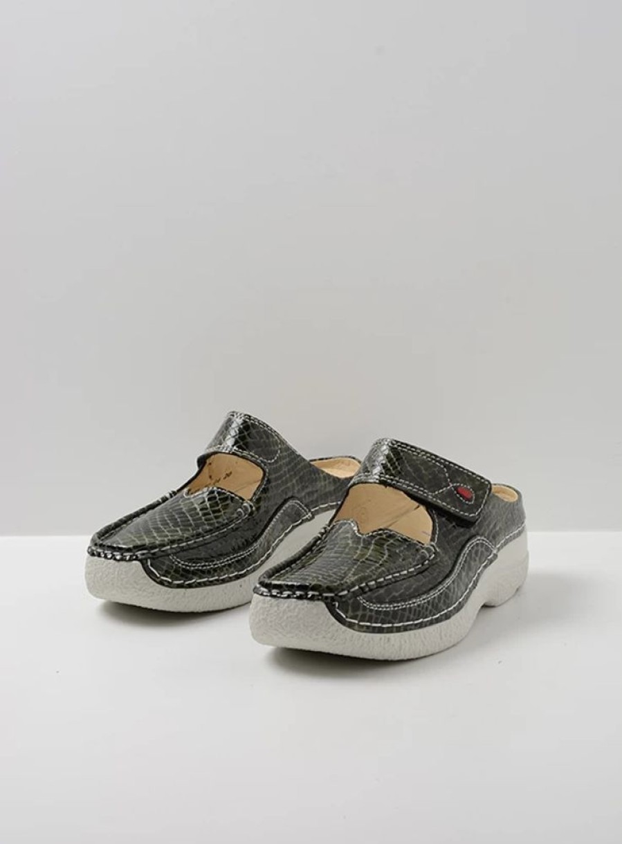 Dames Wolky | Roll Slipper Groen Crocolook Lakleer