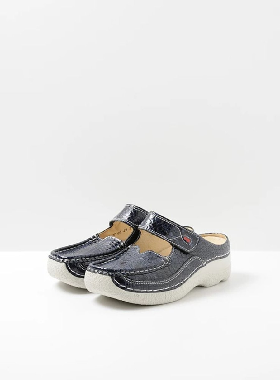 Dames Wolky | Roll Slipper Blauw Crocolook Lakleer